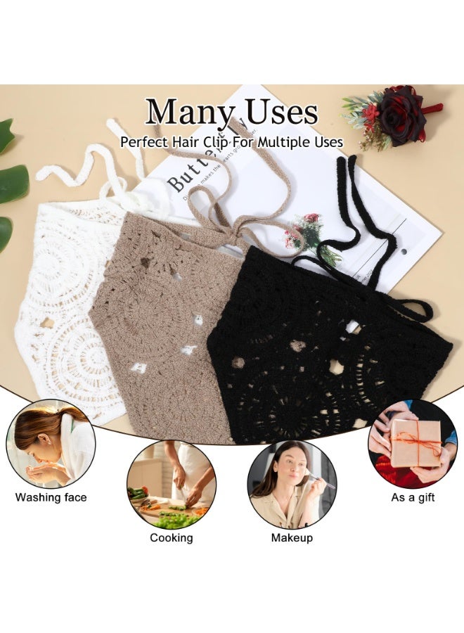 3 Pcs Crochet Bandana, Hair Scarf Crochet Head Scarf Tie Knitted Headscarf Black White Bandana Vintage Hairband Floral Head Kerchief Cutout Summer Beige Bandanas Retro Boho Kerchief for Styling - Image 5